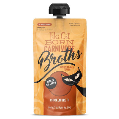 Front view of a Tiki Cat Born Carnivore Broths Chicken Broth spout pouch, 7 oz, orange and brown packaging with a black cat illustration.