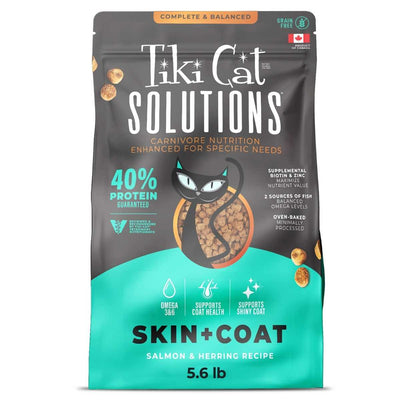 Front view of Tiki Cat Solutions Skin+Coat Salmon & Herring Recipe dry cat food in a 5.6 lb package.