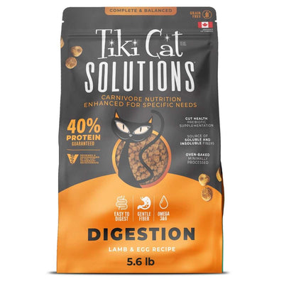 Front view of Tiki Cat Solutions Digestion Lamb & Egg Recipe cat food pouch, 5.6 lb, black and orange packaging.