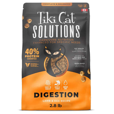 Front view of a Tiki Cat Solutions Digestion Lamb & Egg Recipe cat food bag, 2.8 lb, black and orange packaging.