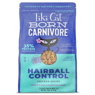 Front view of a blue and teal packaged Tiki Cat Born Carnivore dry cat food bag with chicken recipe, 3 lb size.