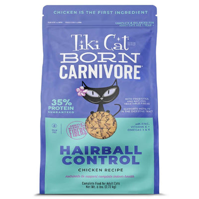 Front view of a blue and teal packaged Tiki Cat Born Carnivore dry cat food bag with chicken recipe, 6 lb size.