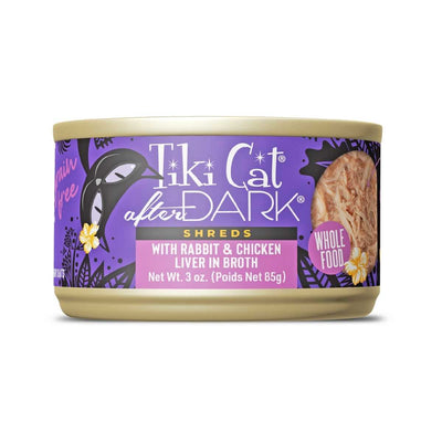 Front view of a Tiki Cat After Dark Shreds wet cat food can with rabbit and chicken liver in broth, purple label, 3 oz.