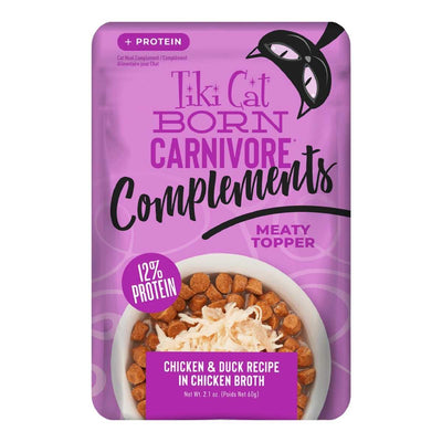 Front view of a purple packaged Tiki Cat Born Carnivore Complements Meaty Topper with chicken and duck recipe in chicken broth.