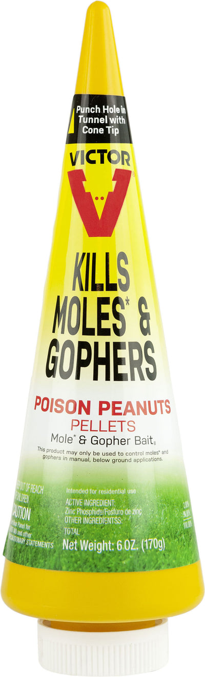Front view of a yellow Victor brand packaged product labeled 'Kills Moles & Gophers Poison Peanuts Pellets' with a net weight of 6 oz.
