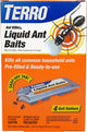 Front view of Terro Liquid Ant Baits package with four bait stations and an ant illustration.