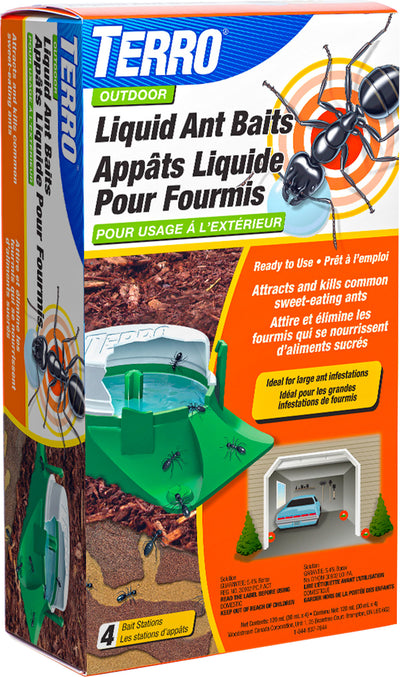 Packaged Terro Outdoor Liquid Ant Baits with four green and white bait stations shown on the box.