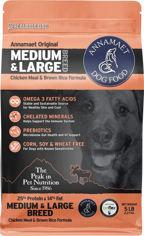 Annamaet Original Medium and Large Breed Formula Dry Dog Food, 25% Protein (Chicken & Brown Rice) - 5 lb. Bag