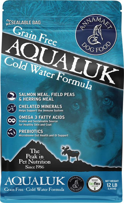 Annamaet Grain-Free Aqualuk Cold Water Fish Formula Dry Dog Food, (Salmon & Herring), 12-lb Bag