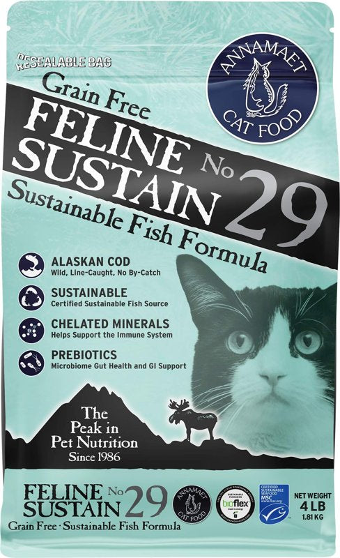 Annamaet Grain-Free Feline Sustain No. 29 Formula Dry Cat Food, (Line-Caught Cod & Free-Range Turkey), 4-lb Bag, Brown