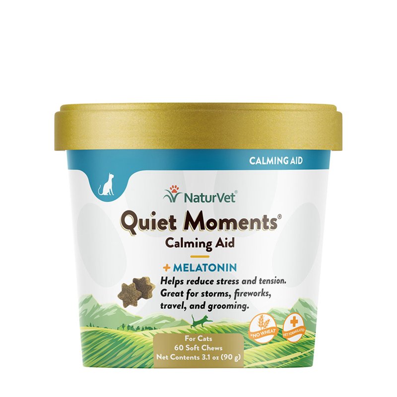 NaturVet -Quiet Moments Calming Aid for Cats Plus Melatonin - 60 Soft Chews - Helps Reduce Stress & Promote Relaxation - Great for Storms, Fireworks, Travel & Grooming