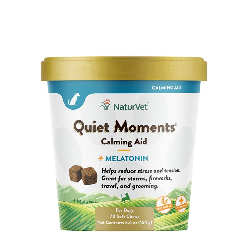 NaturVet Quiet Moments Calming Aid Dog Supplement - Helps Promote Relaxation, Reduce Stress, Storm Anxiety, Fireworks, Motion Sickness for Dogs - Tasty Pet Soft Chews with Melatonin - 70 Ct.