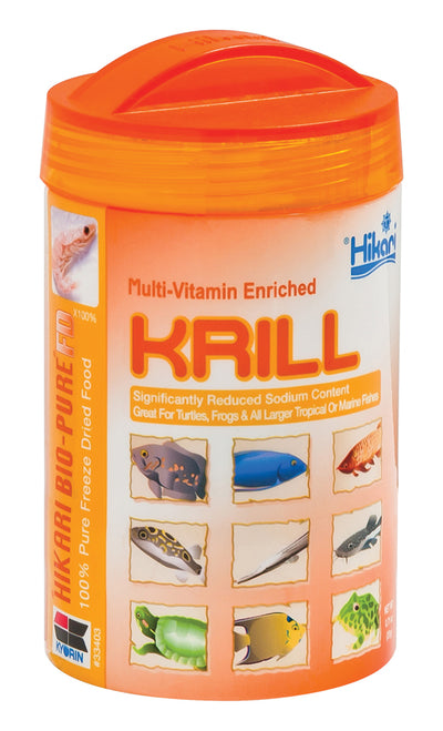 A cylindrical orange container of Hikari Bio-Pure FD Krill fish food with a lid, showing images of aquatic animals on the label.