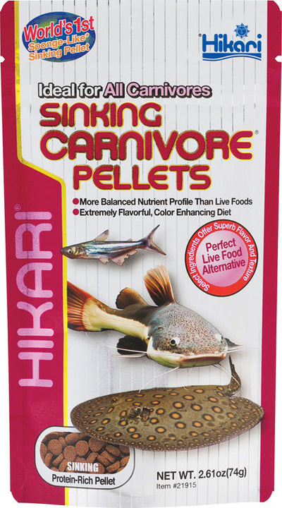 Front view of Hikari Carnivore Sinking Pellets package showing fish and pellets.