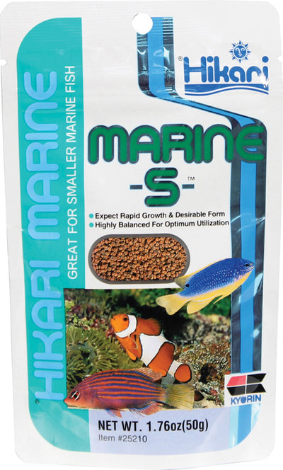 Front view of Hikari Marine -S- slow sinking pellets package showing fish and net weight 1.76oz
