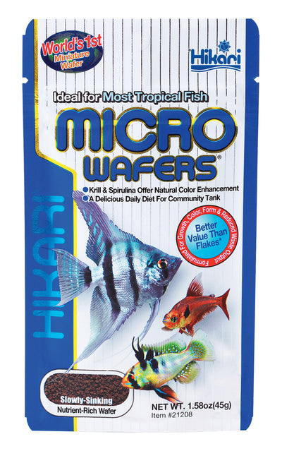 Front view of Hikari Micro Wafers packaged product showing fish and wafer details.