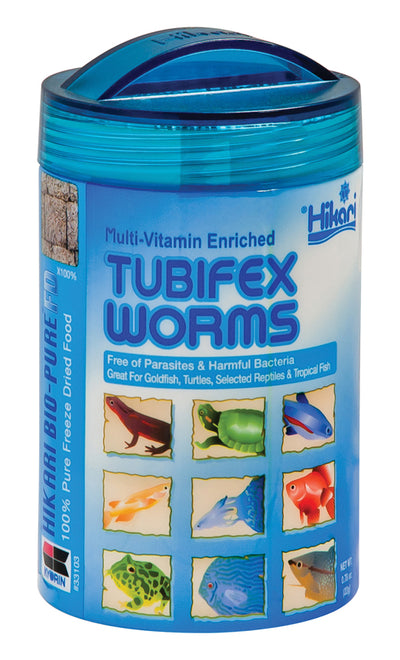 Blue packaged product showing Hikari Bio-Pure Fd Tubifex Worms, 0.78 oz, front view with animal illustrations.