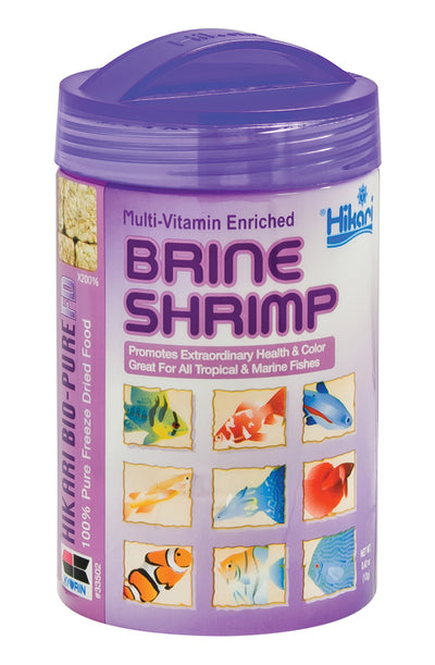 A purple-capped container of Hikari Bio-Pure FD Brine Shrimp, 0.42 oz, showing fish illustrations on the front.