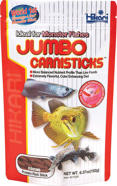 Packaged Hikari Jumbo Carnisticks Floating Sticks, 6.37 oz, showing fish illustrations and product details on front.
