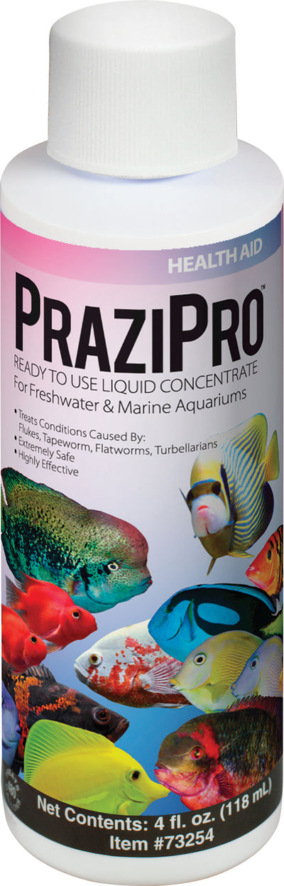 Packaged product: white bottle with pink and blue label showing Prazipro Health Aid for aquariums, 4 fl oz.