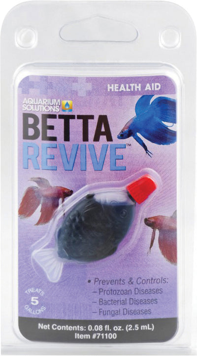 Packaged Aquarium Solutions Betta Revive health aid product with red cap, 0.08 fl. oz. size, front view.
