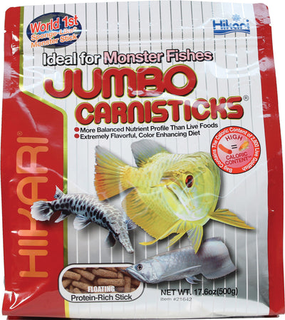 Front view of Hikari Jumbo Carnisticks Floating Sticks package showing fish and product details.