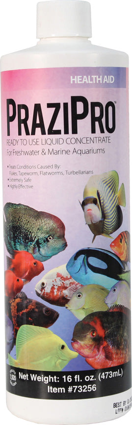 Packaged product: white bottle with pink label showing Prazipro Health Aid for aquariums, featuring fish images.