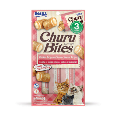 INABA Churu Bites for Cats, Soft Baked Chicken Churu Filled Cat Treats with Green Tea Extract, 0.35 Ounces Each Tube, 3 Tubes Total, Tuna with Salmon Recipe