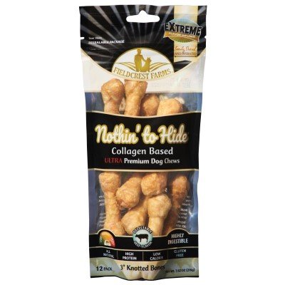 Fieldcrest Farms Nothin' to Hide 3 inch Ultra Knotted Bone Treats - Natural Rawhide Alternative Treats for Dogs, Collagen Based Snack for Heavy Chewers up to 15lbs - Beef Flavor, 12 Pack