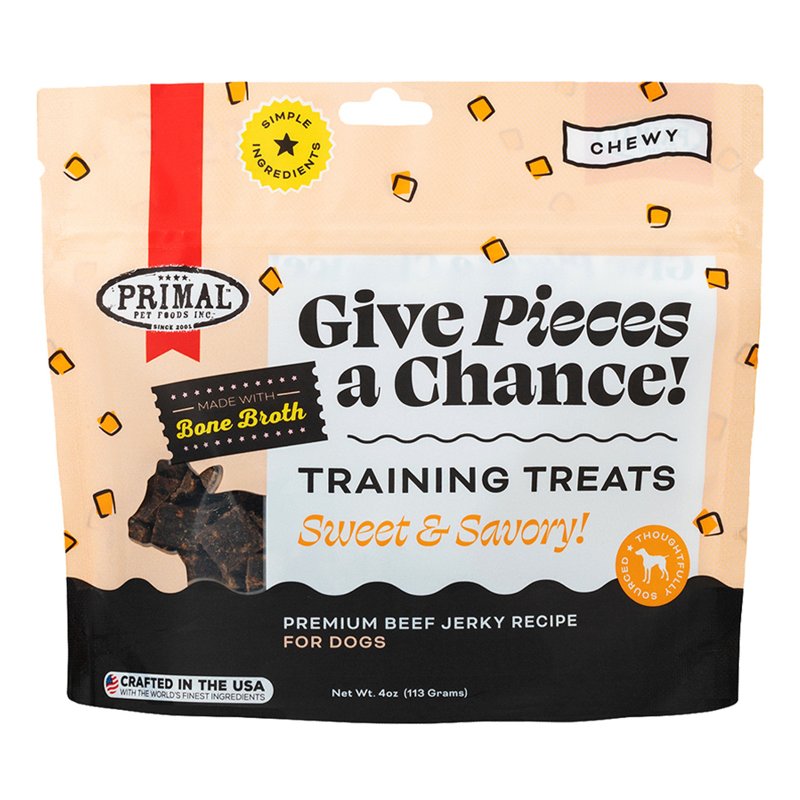 Primal Beef Jerky Dog Treats Made with Beef Bone Broth for Dogs, Give Pieces a Chance, Training Treat for Dogs, 4 oz