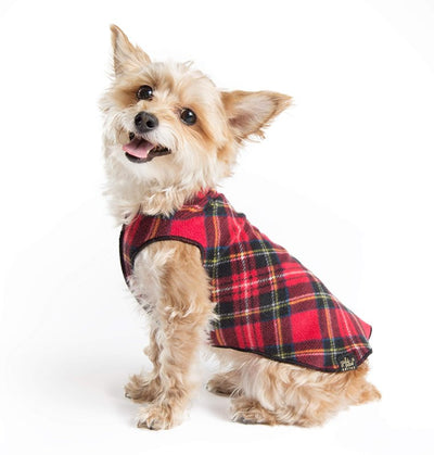 Gold Paw Stretch Fleece Dog Coat, Stretchy Pet Sweater, Machine Washable Pullover for Winter and Fall, Red Classic Plaid, 14