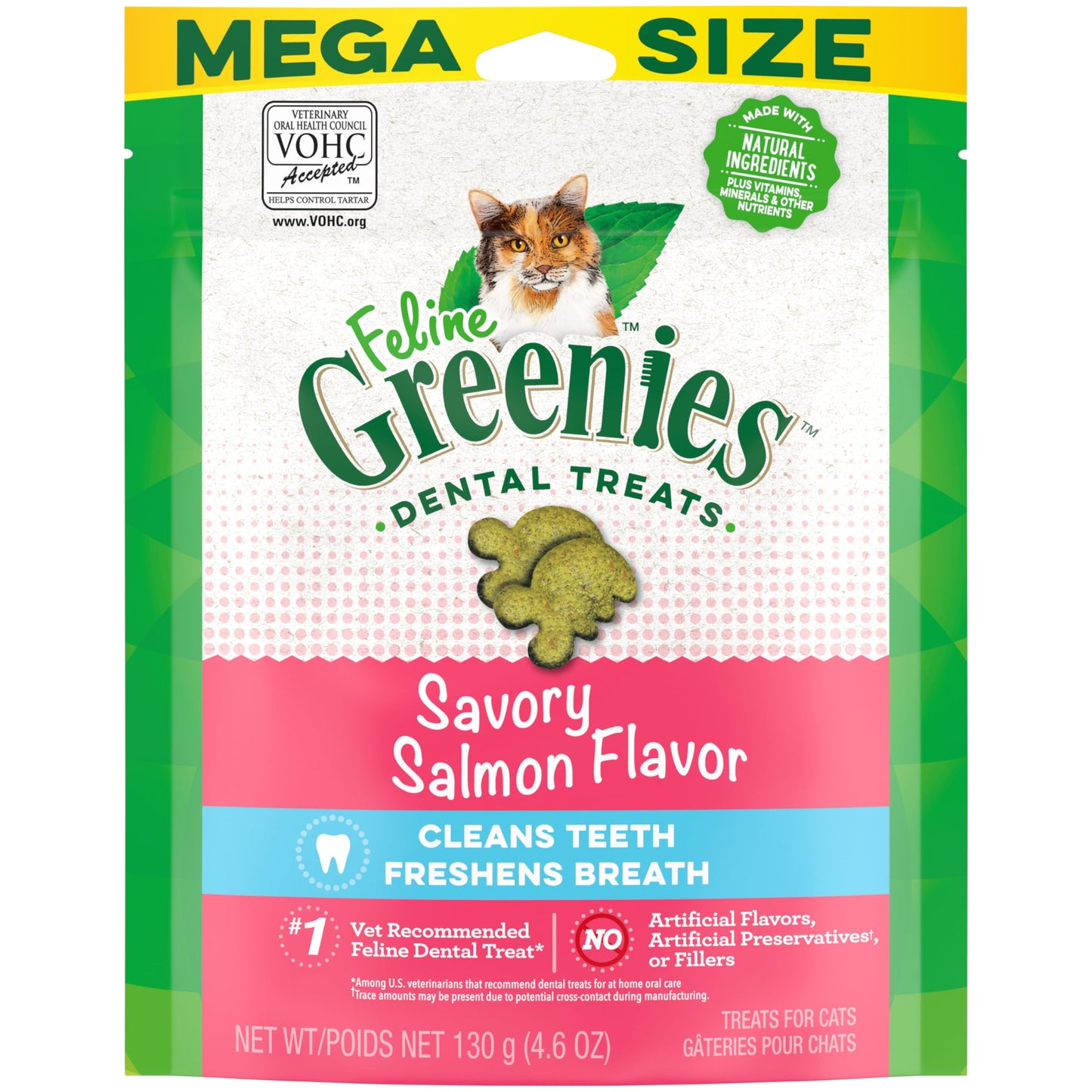 FELINE GREENIES Adult Natural Dental Care Cat Treats, Savory Salmon Flavor, 4.6 oz. Pouch