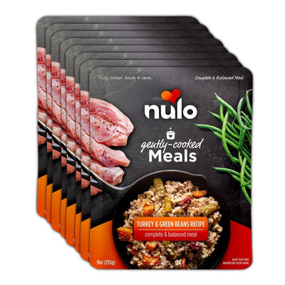 Front view of Nulo Gently Cooked Meals Turkey & Green Beans recipe pouches, 9oz each, showing raw turkey slices and green beans.