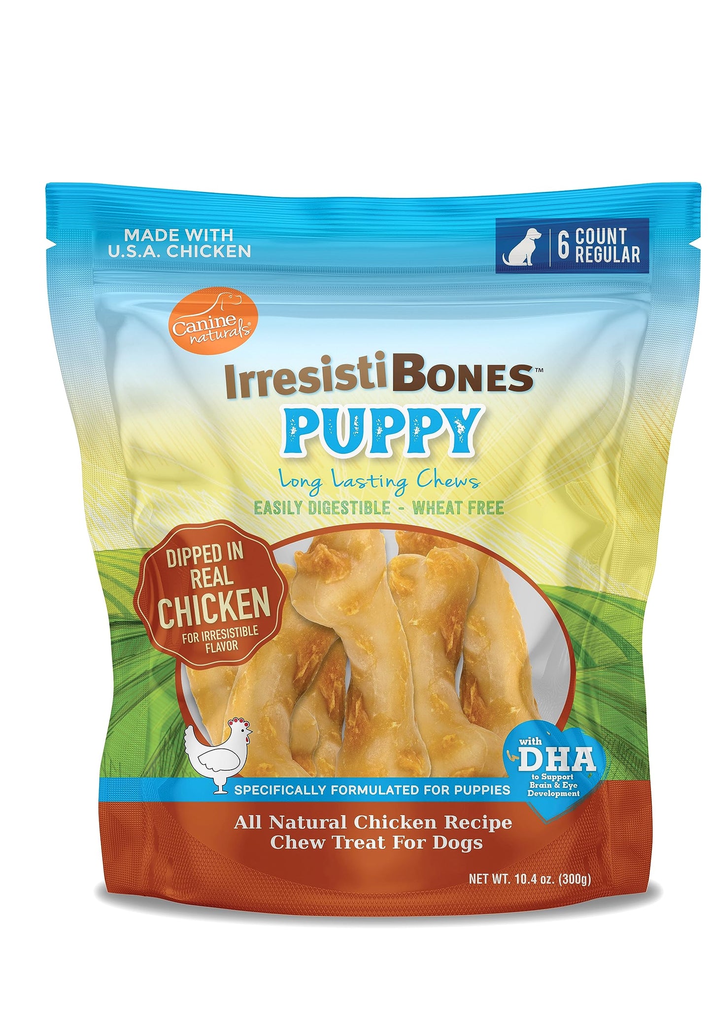 Canine Naturals IrresistiBONES Long Lasting Puppy Chicken and Rice Chew - Made with USA Chicken - All Natural - Added DHA for Healthy Growth - 6 Pack