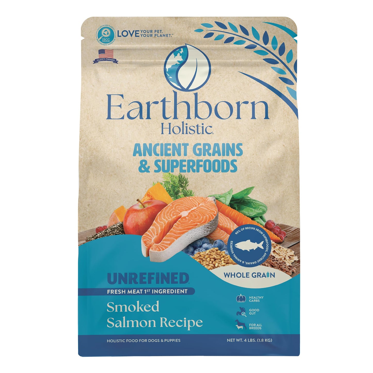 Earthborn Holistic Unrefined Smoked Salmon Recipe with Ancient Grains & Superfoods Dry Food for Dogs and Puppies (4 lb. Bag)