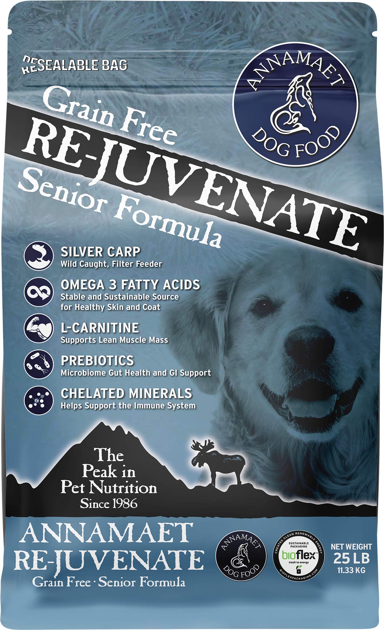 Annamaet Grain-Free Re-Juvenate Senior Formula Dry Dog Food, (Fresh Silver Carp & Turkey), 25-lb Bag, Brown