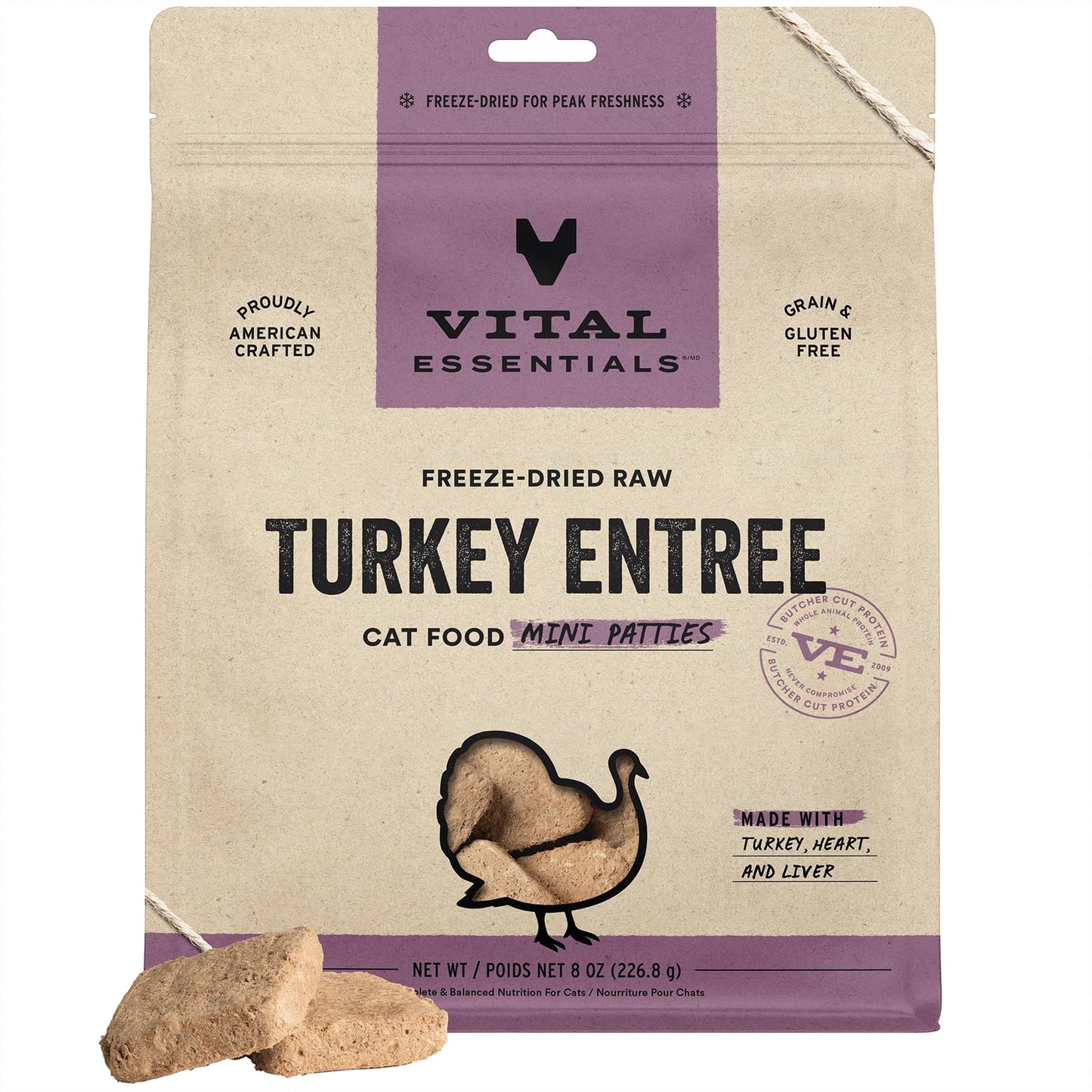 Vital Essentials Freeze Dried Raw Cat Food, Turkey Mini Patties Entree, 8 oz