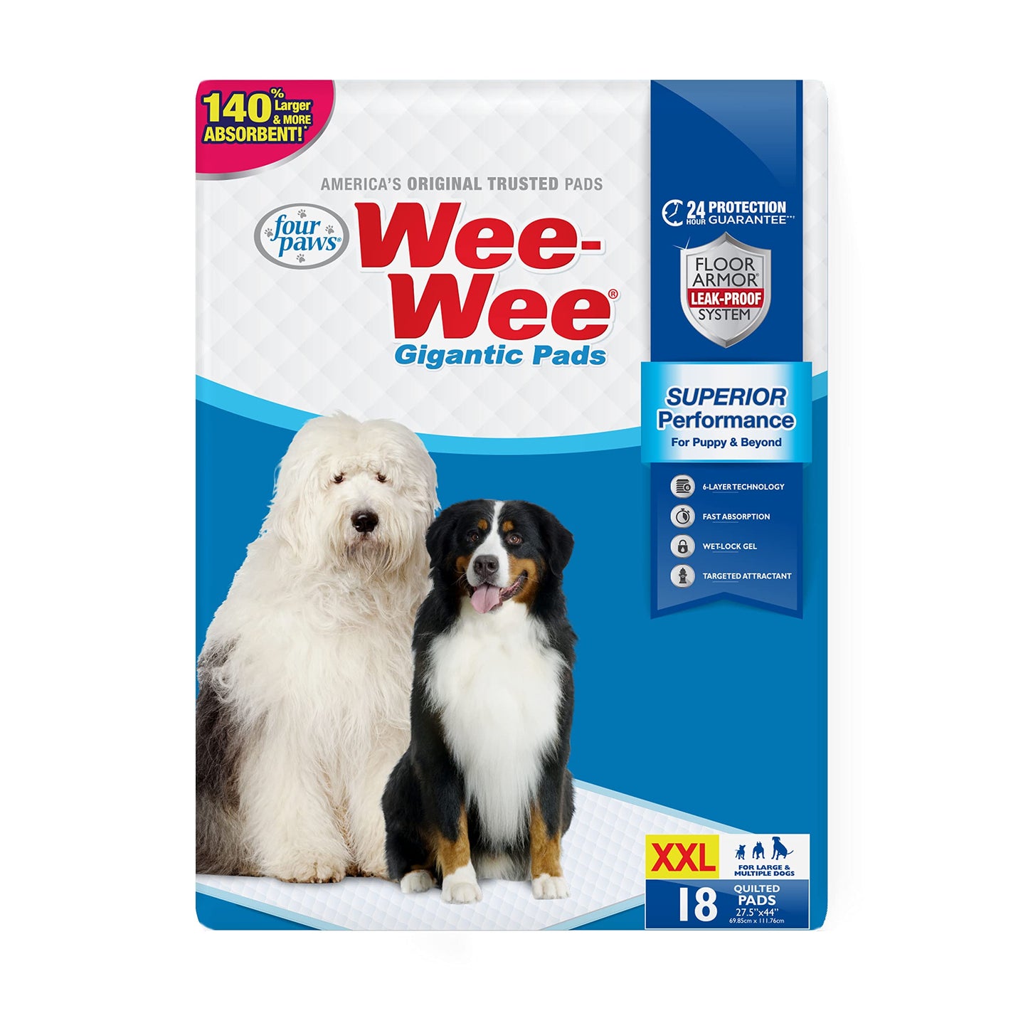 Four Paws Wee-Wee Superior Performance Gigantic Pee Pads for Extra Large Dogs, Leak-Proof Floor Protection Dog & Puppy Quilted Potty Training Pads, Unscented, 27.5" x 44" (18 Count)