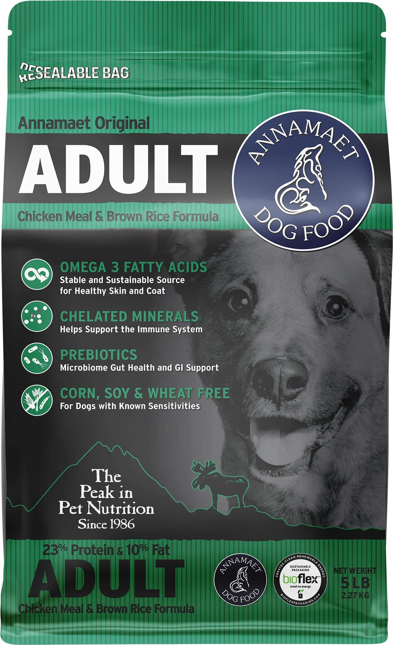 Annamaet Original Adult Formula Dry Dog Food, 23% Protein (Chicken & Brown Rice), 5-lb Bag