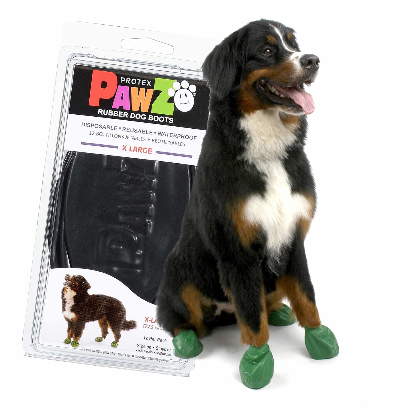 PawZ Rubber Dog Boots for Paws 4" and Up, 12 Pack - All-Weather Dog Booties for Hot Pavement, Snow, Mud, and Rain - Waterproof, Anti Slip Dog Socks - X-Large, Black