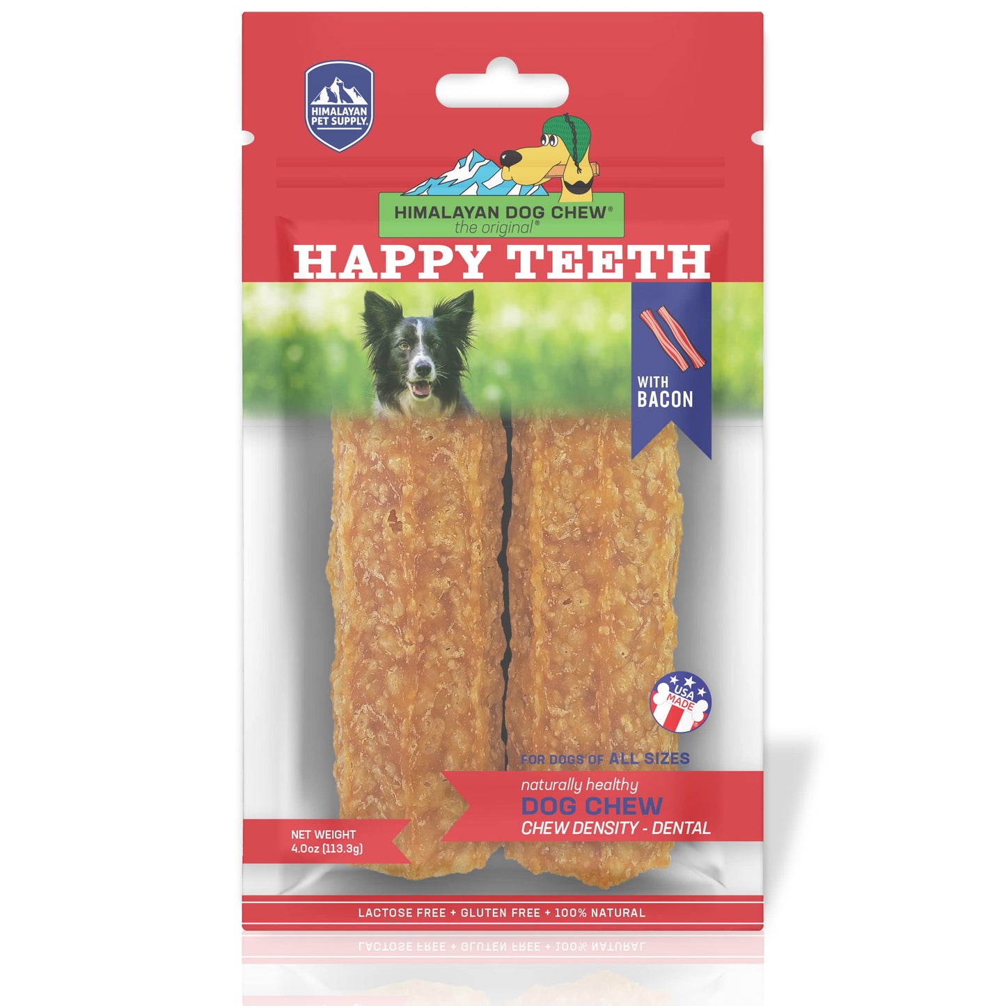 Himalayan Dog Chew Happy Teeth Yak Cheese Dog Chews Dental Chews, 100% Natural, Long Lasting, Gluten Free, Healthy & Safe Dog Treats for Oral Health, Lactose & Grain Free, Protein Rich, Bacon, 2 Chews