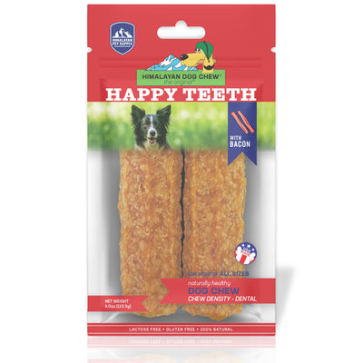 Himalayan Dog Chew Happy Teeth Yak Cheese Dog Chews Dental Chews, 100% Natural, Long Lasting, Gluten Free, Healthy & Safe Dog Treats for Oral Health, Lactose & Grain Free, Protein Rich, Bacon, 2 Chews