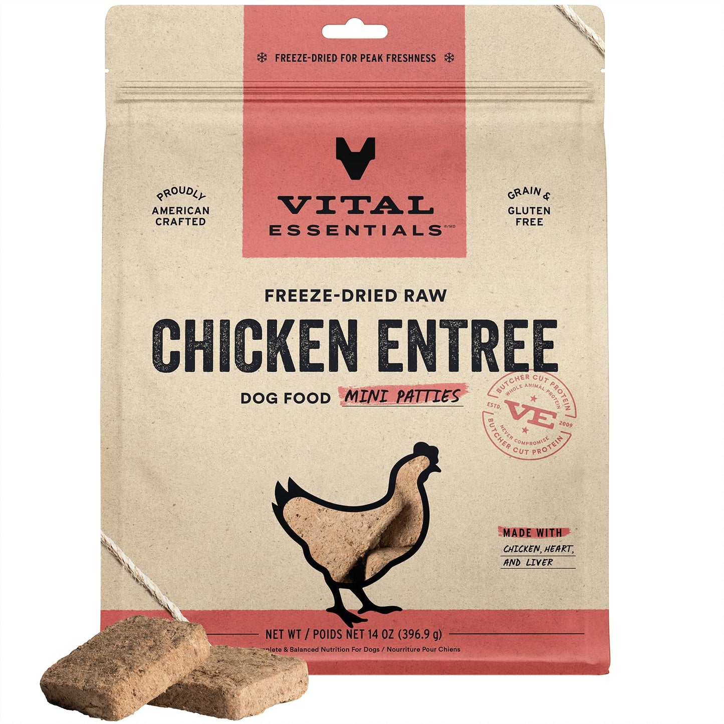 Vital Essentials Freeze Dried Raw Dog Food, Chicken Mini Patties Entree, 14 oz