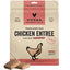 Front view of Vital Essentials Freeze-Dried Raw Chicken Entree Mini Patties dog food package with two patties shown outside.
