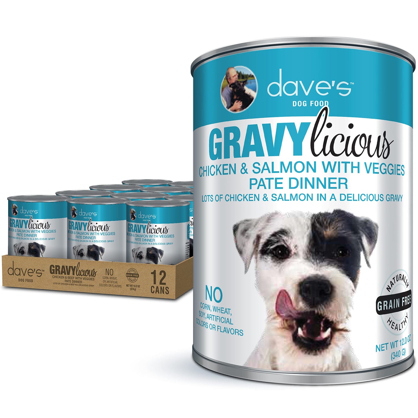 Daveâ€™s Pet Food Gravylicous Soft Wet Dog Food for Small & Large Dogs (Chicken & Salmon with Veggies), Grain Free Canned Dog Food, Added Vitamins & Minerals, Wheat & Gluten-Free, 12oz Cans (Case of 12)