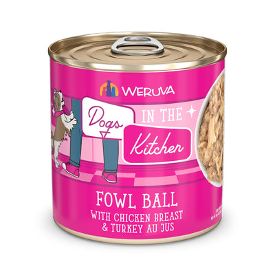 Weruva Dogs in The Kitchen, Fowl Ball with Chicken Breast & Turkey Au Jus Dog Food, 10oz Can (Pack of 12)