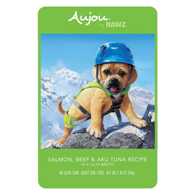 Aujou by RAWZ Salmon, Beef & Aku Tuna Recipe in a Silky Broth Adult Dog Food, 2.46 oz Pouch