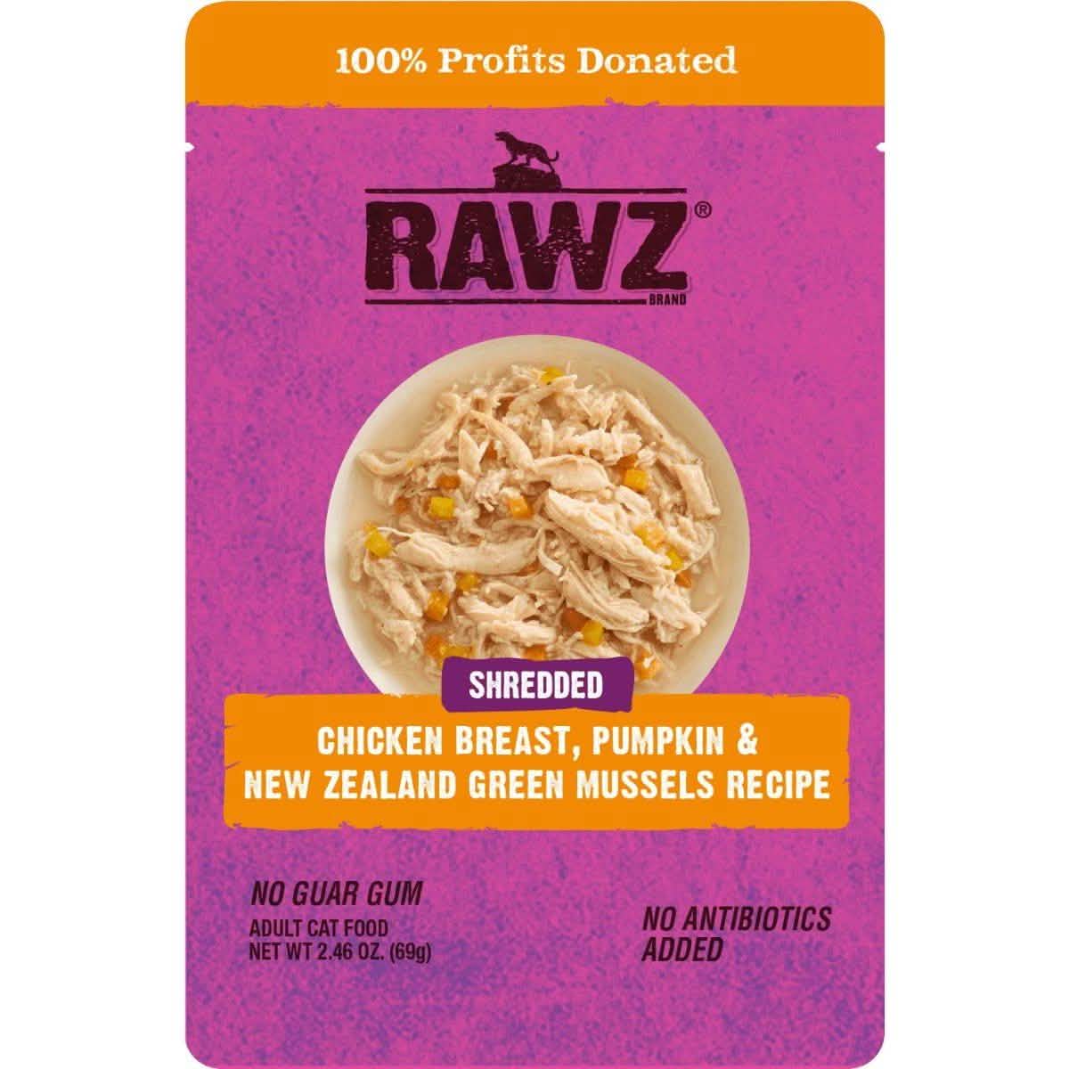 RAWZ Shredded Chicken Breast, Pumpkin & New Zealand Green Mussels Recipe Adult Cat Food, 2.46 oz Pouch