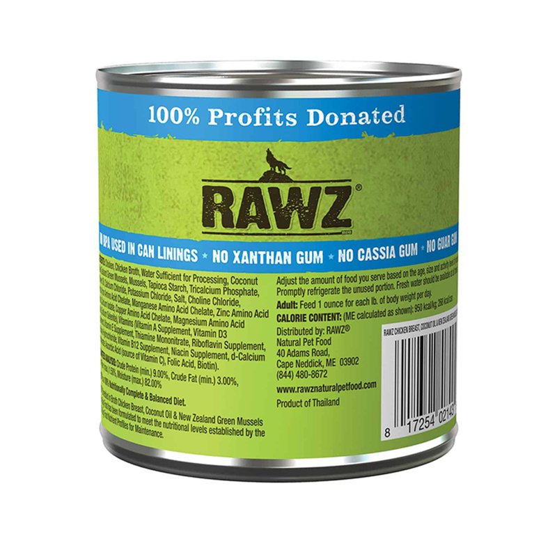 Rawz Natural Pet Food, Chicken Breast Coconut Oil & New Zealand Green Mussels Recipe Shredded in Broth Canned Dog Food, 10 Ounce