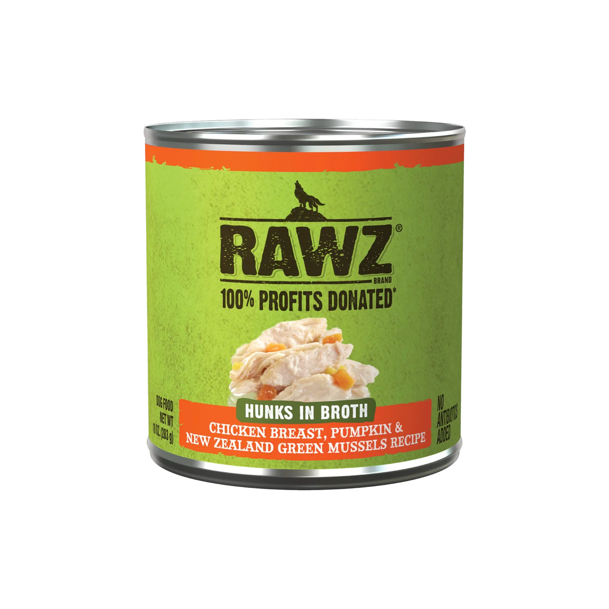 RAWZ Hunks In Broth Chicken Breast, Pumpkin & New Zealand Green Mussels Dog Food Recipe, 10 oz Can